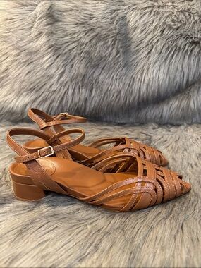 Bared Brown Strappy Low Block Heel Sandals Size 40